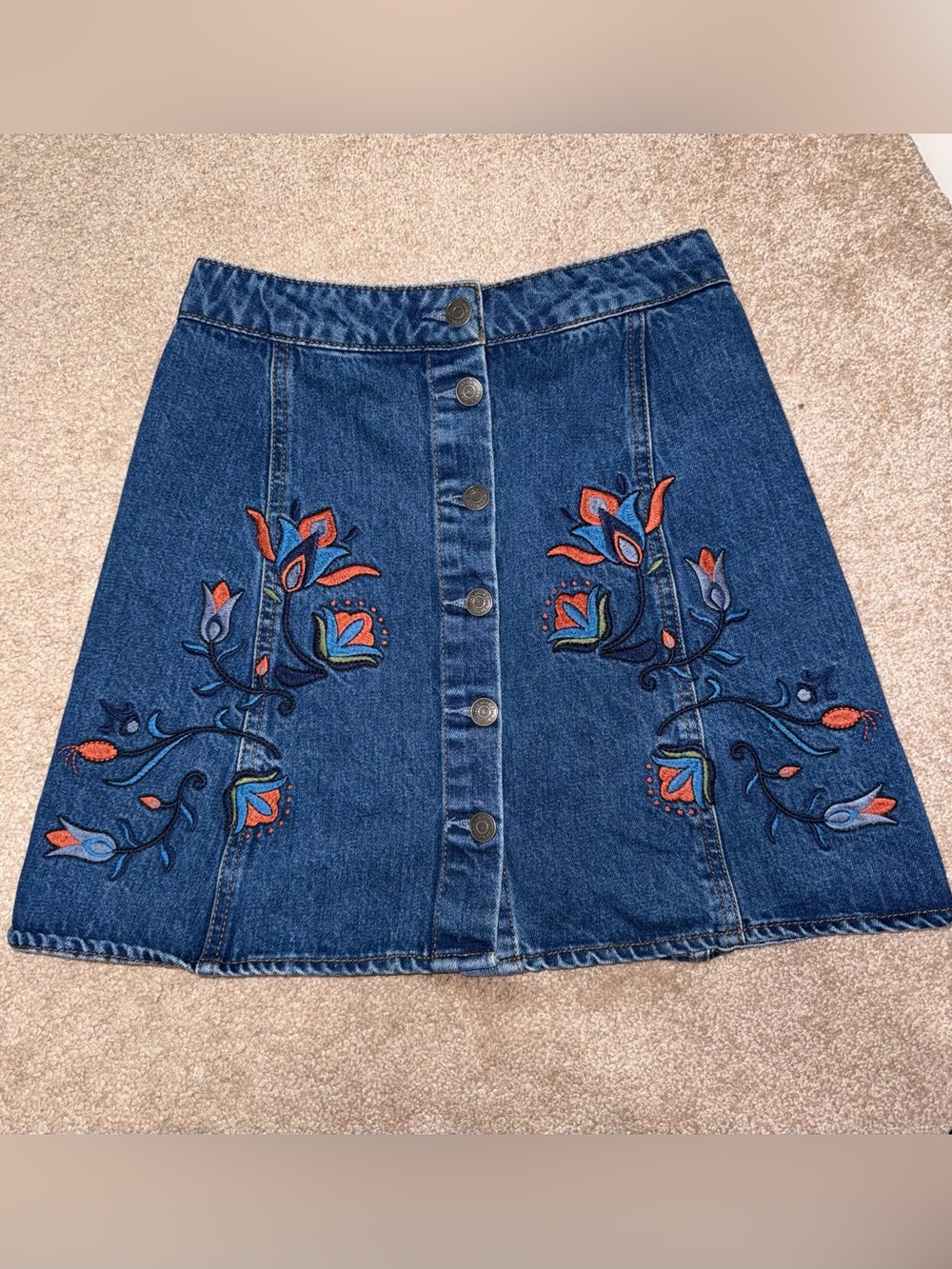 Pull&Bear Blue Denim A-Line Skirt with Multicolor Floral Embroidery